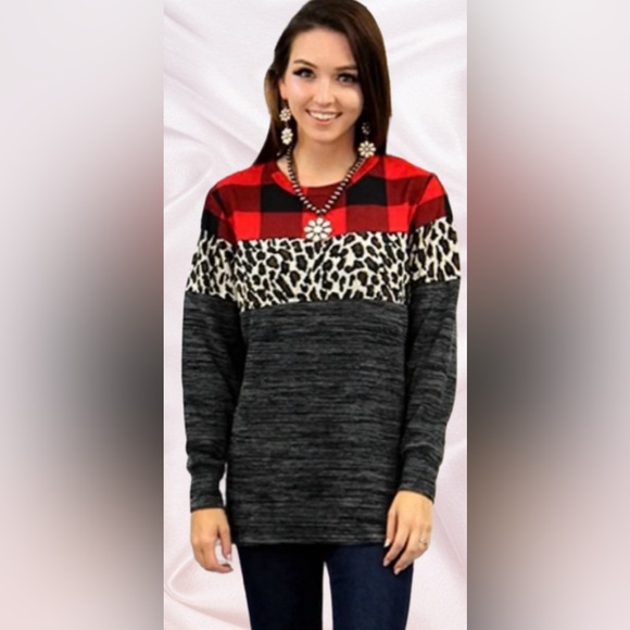 Buffalo Plaid and Leopard Color Block Top - Picture 4 of 5